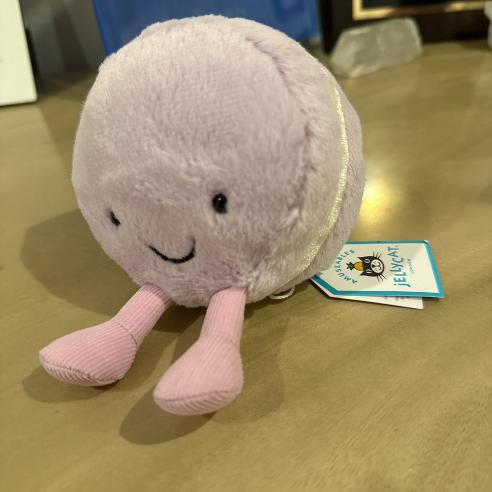 Jellycat Lilac Plush Macaron with Pink Legs and Gold Trim